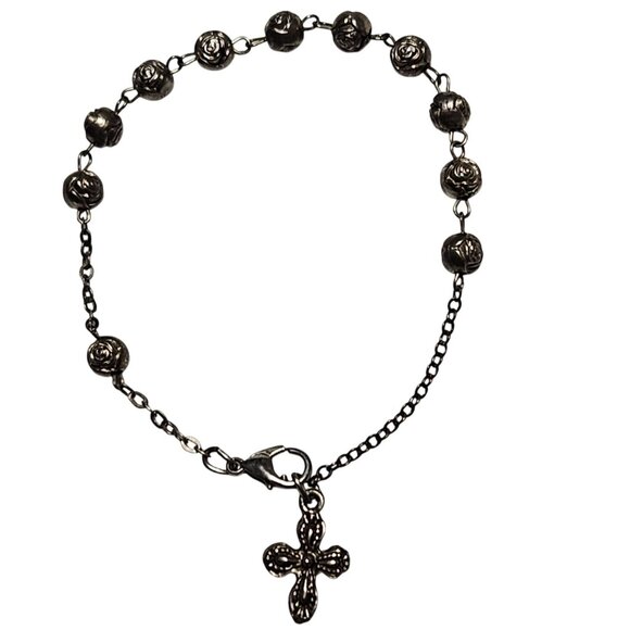 Vintage Silver Tone Rosary Bracelet Rose Beads Cross Charm Religious Jewelry - Picture 1 of 4